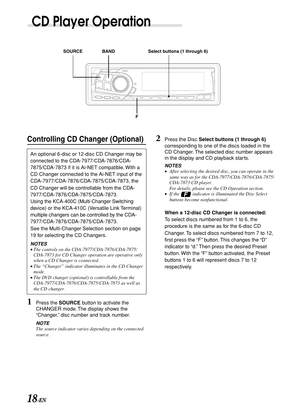 Cd player operation, Controlling cd changer (optional) | Alpine CDA-7876 User Manual | Page 20 / 36