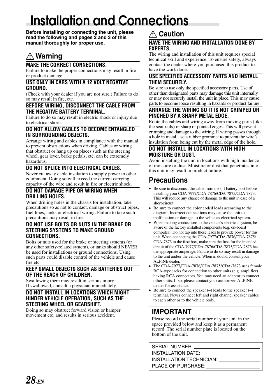 Installation and connections, Caution, Precautions | Important, Warning | Alpine CDA-7876 User Manual | Page 30 / 36