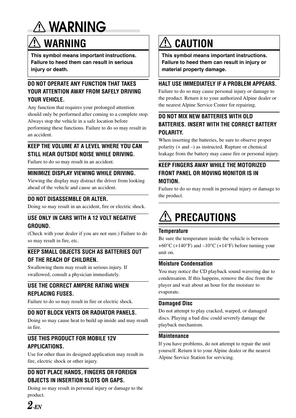 Warning, Caution, Precautions | Alpine CDA-7876 User Manual | Page 4 / 36