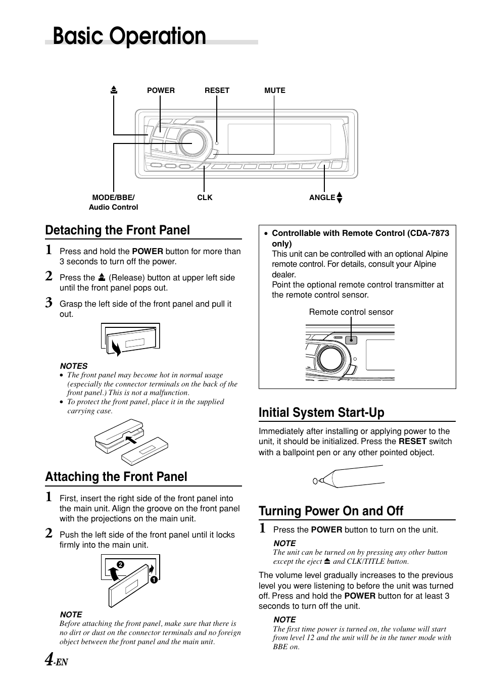 Basic operation, Detaching the front panel, Attaching the front panel | Initial system start-up, Turning power on and off | Alpine CDA-7876 User Manual | Page 6 / 36