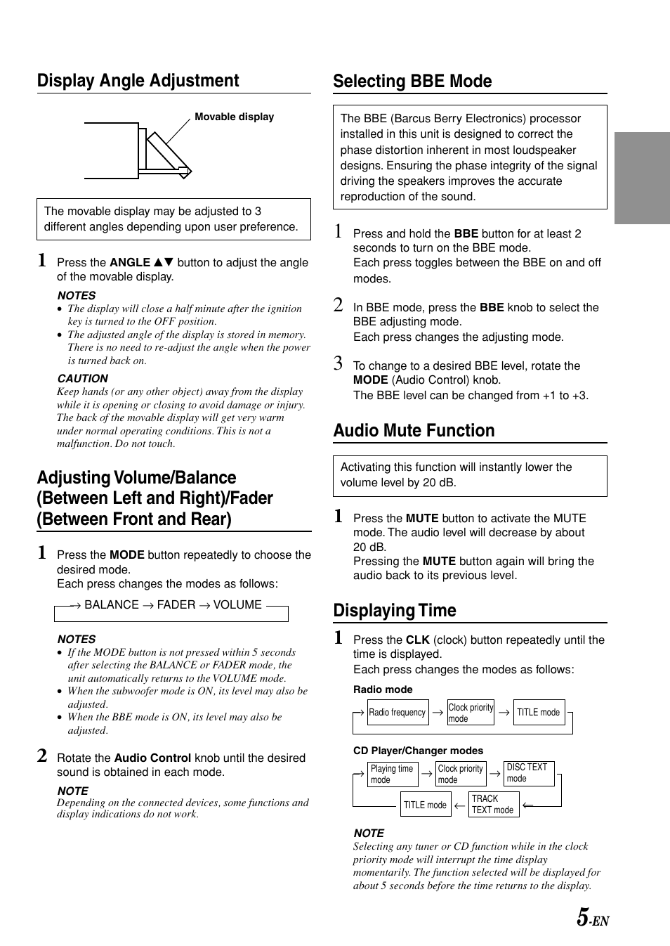 Display angle adjustment, Selecting bbe mode, Audio mute function | Displaying time | Alpine CDA-7876 User Manual | Page 7 / 36