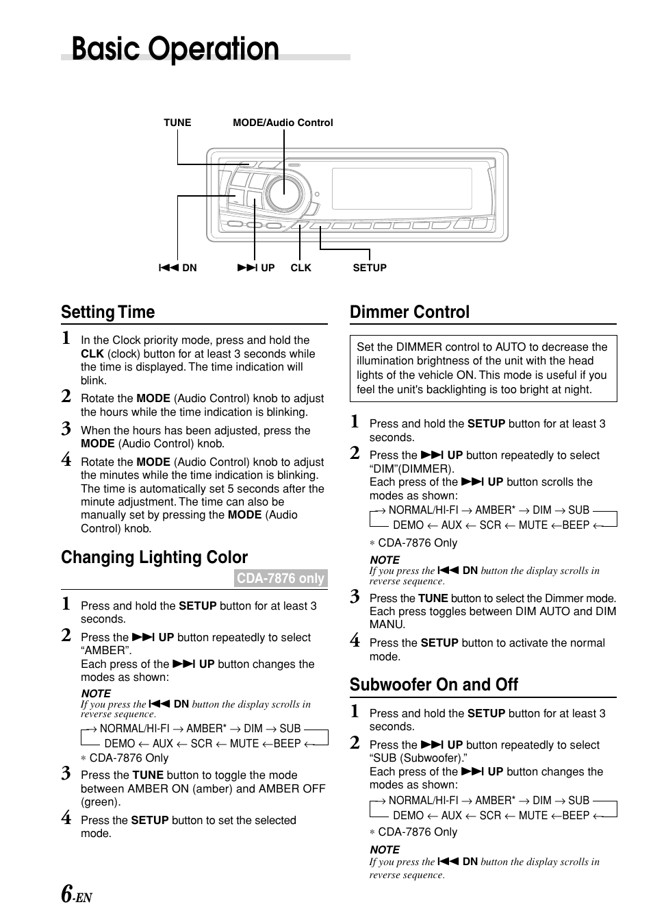 Basic operation, Dimmer control, Subwoofer on and off | Setting time, Changing lighting color | Alpine CDA-7876 User Manual | Page 8 / 36