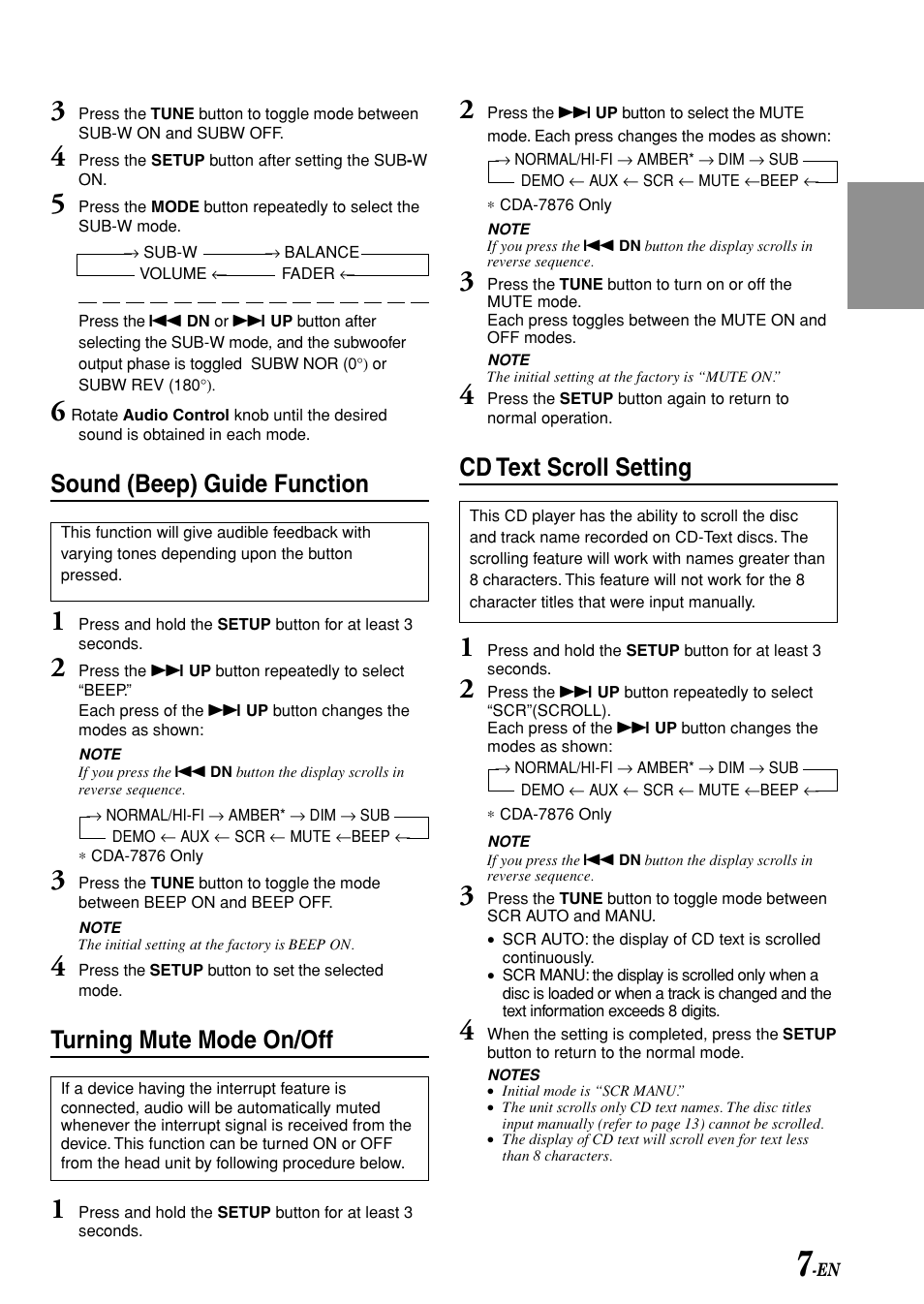 Sound (beep) guide function, Turning mute mode on/off, Cd text scroll setting | Alpine CDA-7876 User Manual | Page 9 / 36