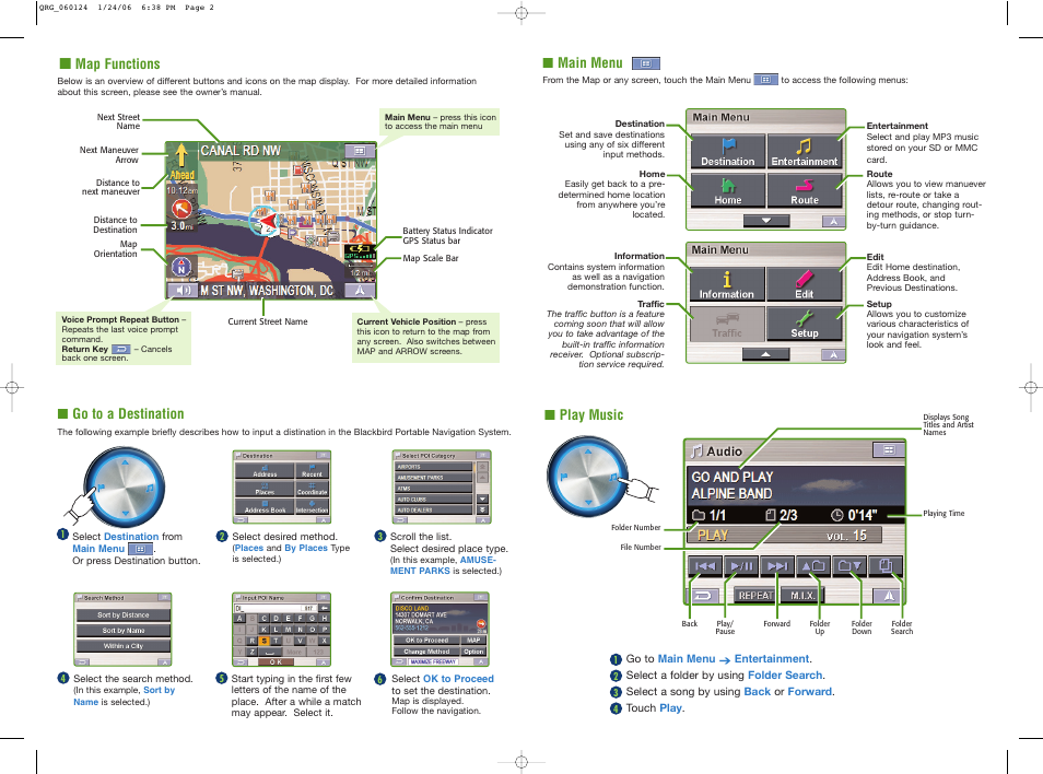 Go to a destination, Map functions, Main menu | Play music | Alpine PMD-B100 User Manual | Page 2 / 2