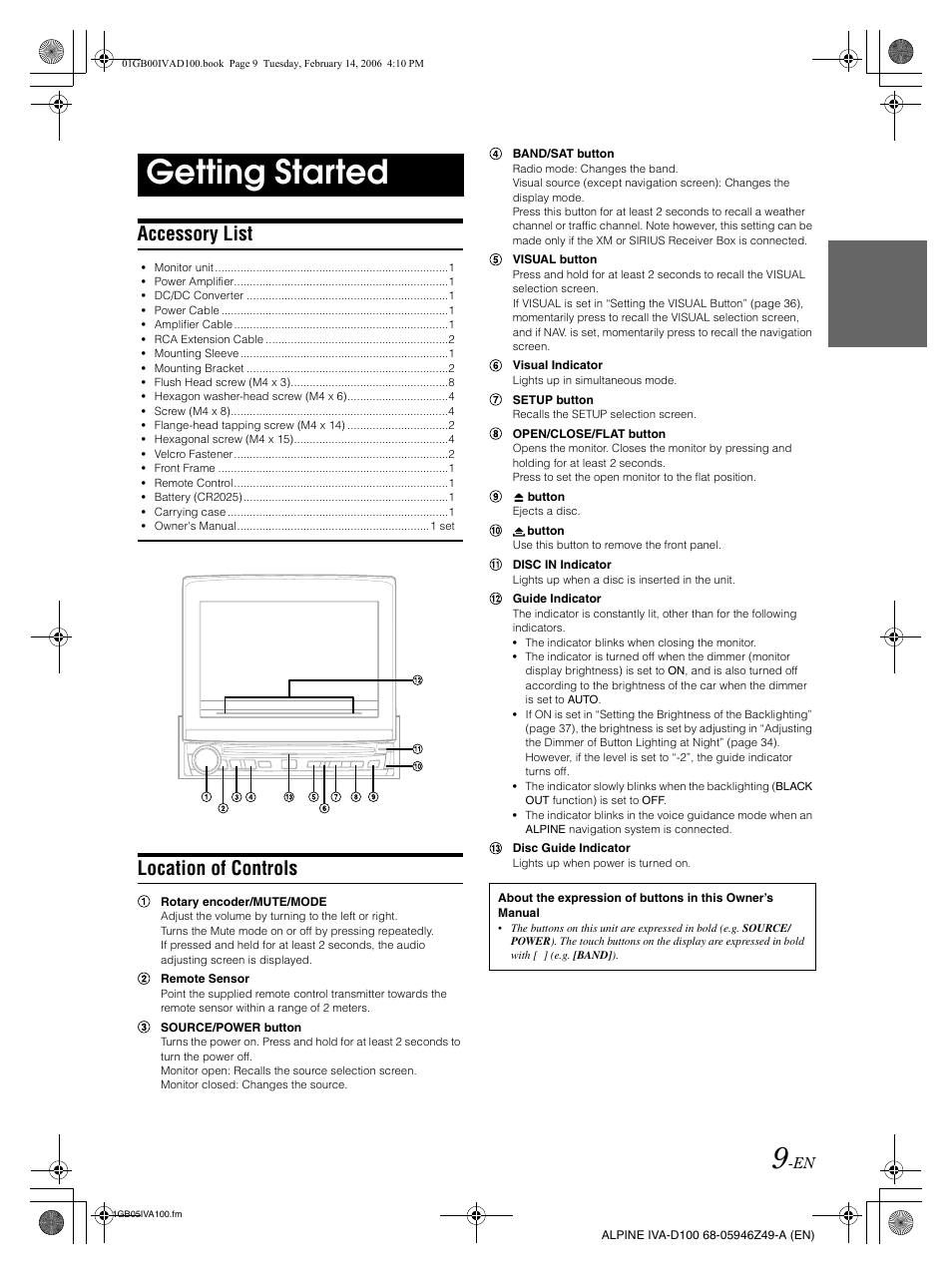 Getting started, Accessory list, Location of controls | Alpine IVA-D100 User Manual | Page 13 / 83