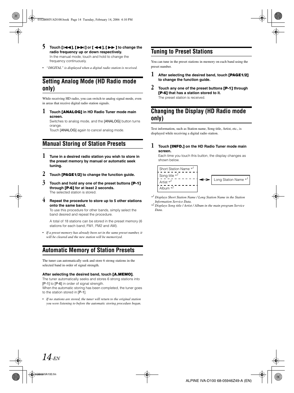 Setting analog mode (hd radio mode only), Manual storing of station presets, Tuning to preset stations | Changing the display (hd radio mode only) | Alpine IVA-D100 User Manual | Page 18 / 83