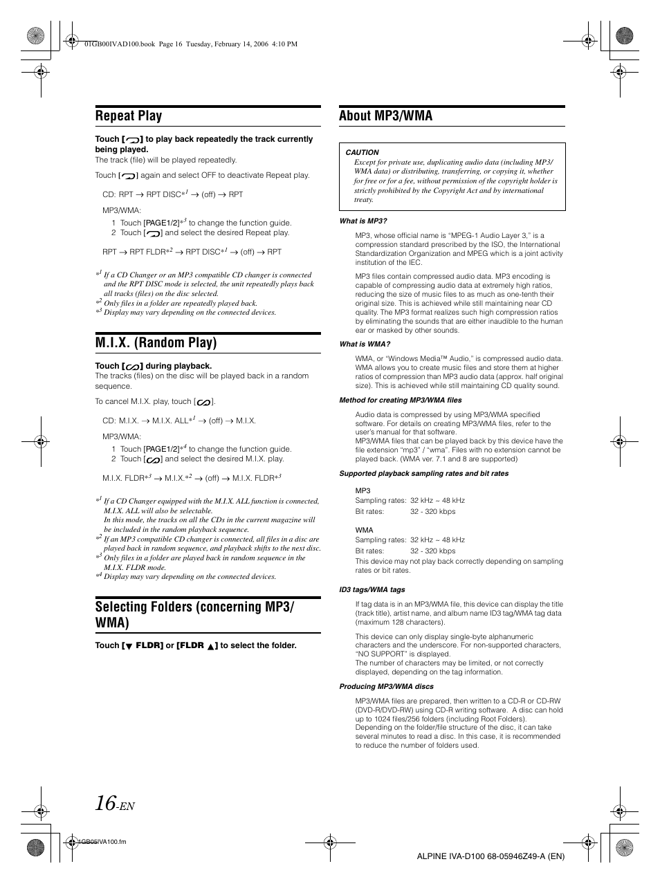 Repeat play, M.i.x. (random play), Selecting folders (concerning mp3/ wma) | About mp3/wma | Alpine IVA-D100 User Manual | Page 20 / 83