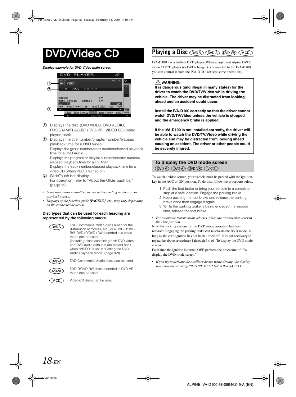 Dvd/video cd, Playing a disc | Alpine IVA-D100 User Manual | Page 22 / 83