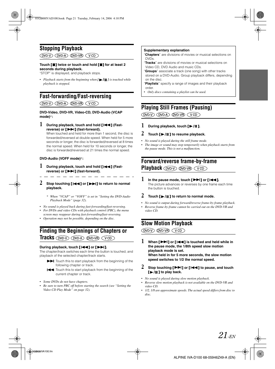 Stopping playback, Fast-forwarding/fast-reversing, Finding the beginnings of chapters or tracks | Playing still frames (pausing), Forward/reverse frame-by-frame playback, Slow motion playback | Alpine IVA-D100 User Manual | Page 25 / 83