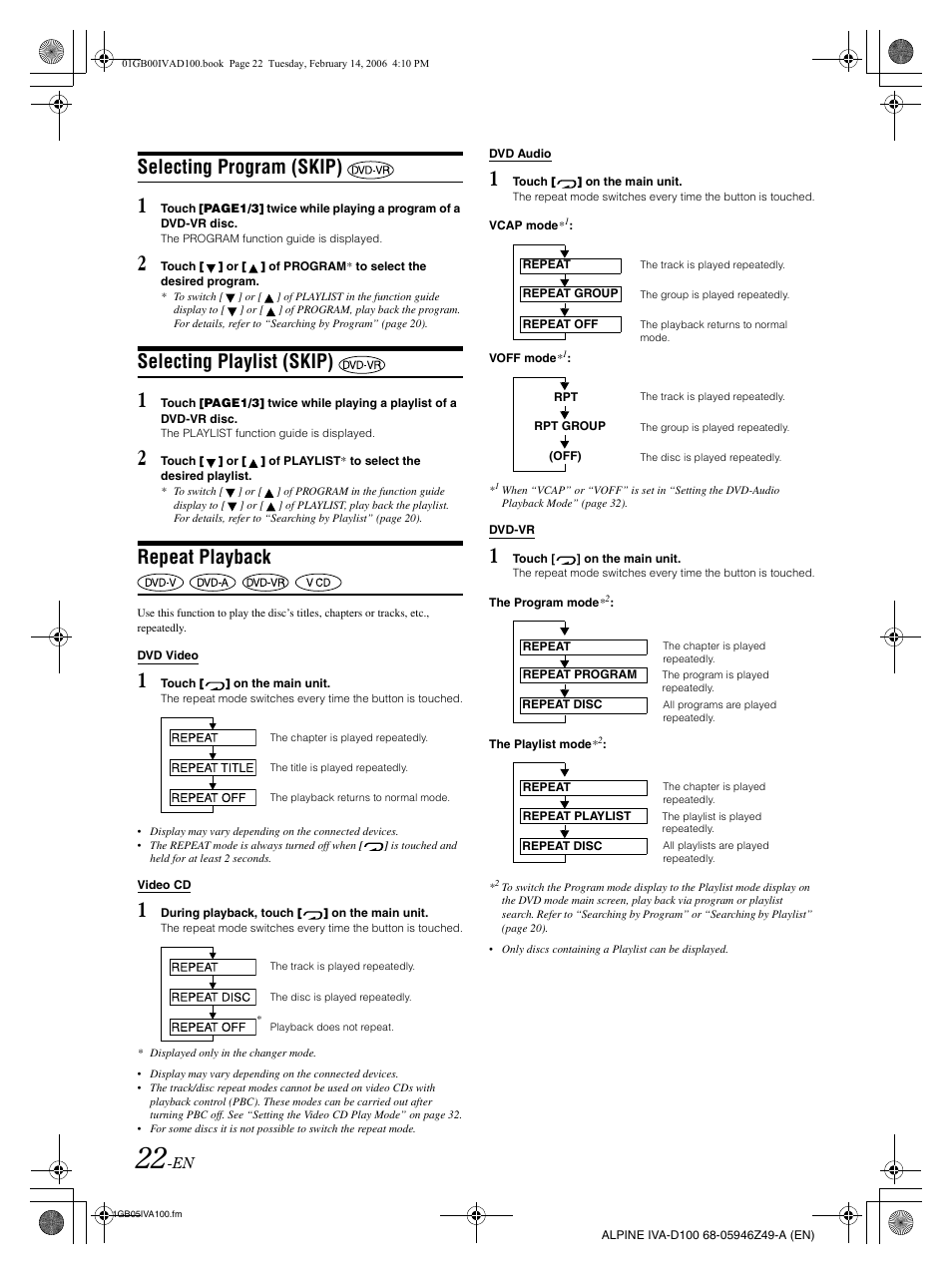 Selecting program (skip), Selecting playlist (skip), Repeat playback | Alpine IVA-D100 User Manual | Page 26 / 83