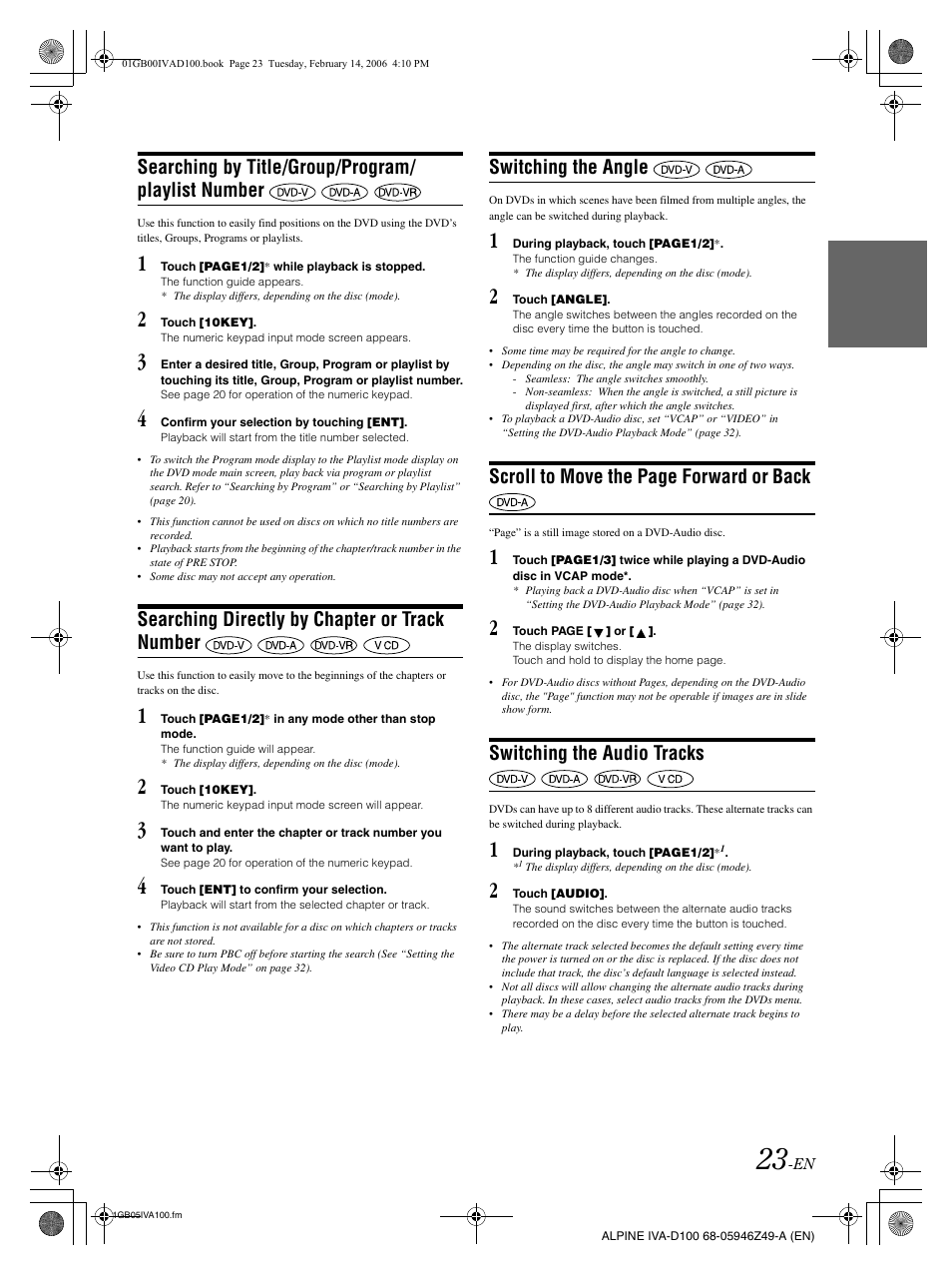 Searching by title/group/program/ playlist number, Searching directly by chapter or track number, Switching the angle | Scroll to move the page forward or back, Switching the audio tracks | Alpine IVA-D100 User Manual | Page 27 / 83