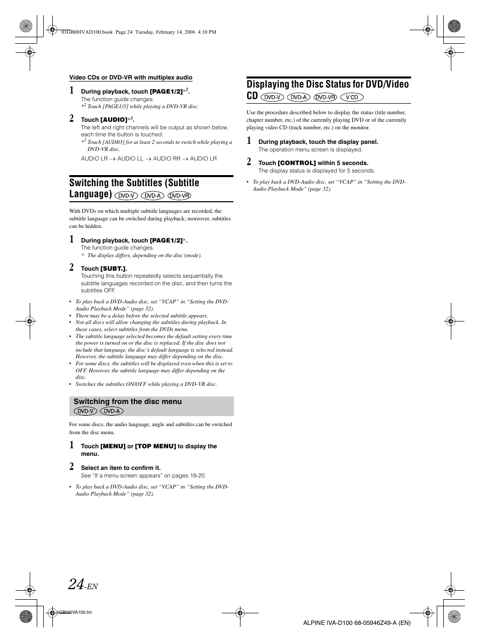 Switching the subtitles (subtitle language), Displaying the disc status for dvd/video cd | Alpine IVA-D100 User Manual | Page 28 / 83