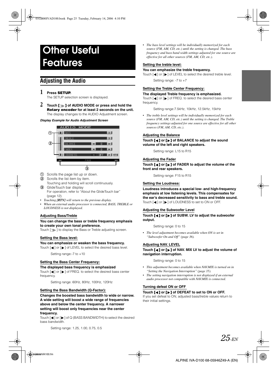 Other useful features, Adjusting the audio | Alpine IVA-D100 User Manual | Page 29 / 83