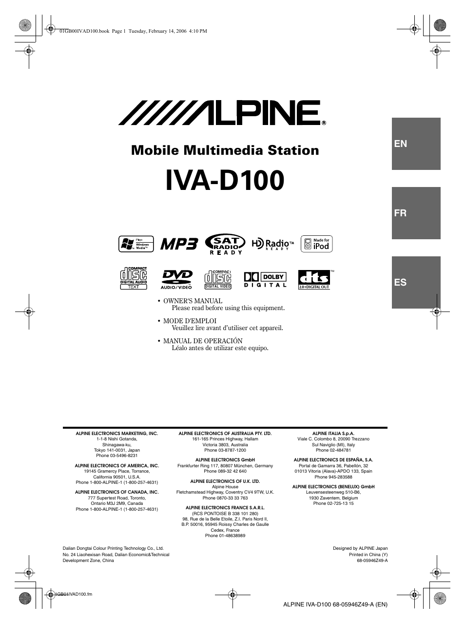 Iva-d100, Mobile multimedia station, En fr es | Alpine IVA-D100 User Manual | Page 3 / 83