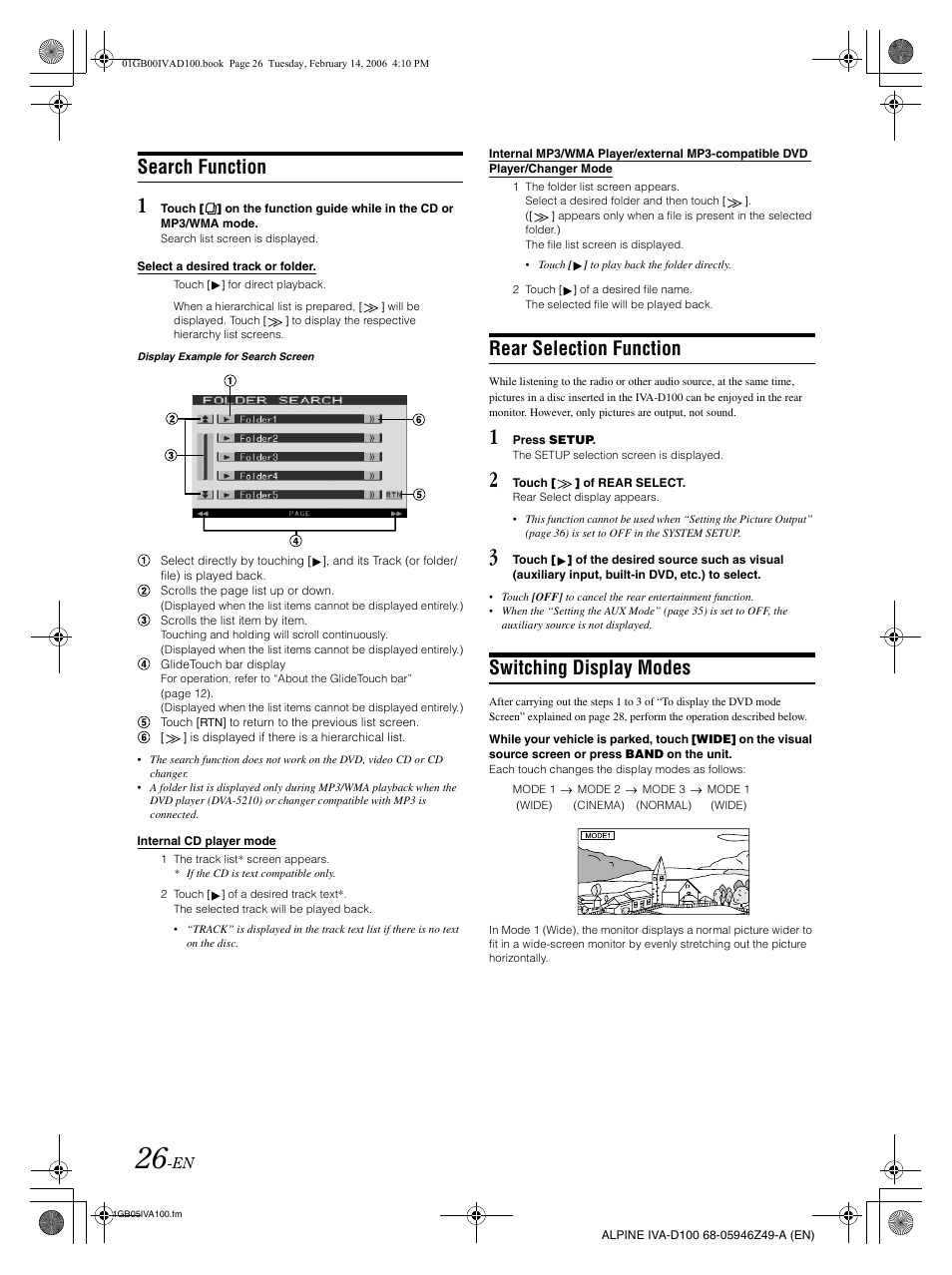 Search function, Rear selection function, Switching display modes | Alpine IVA-D100 User Manual | Page 30 / 83