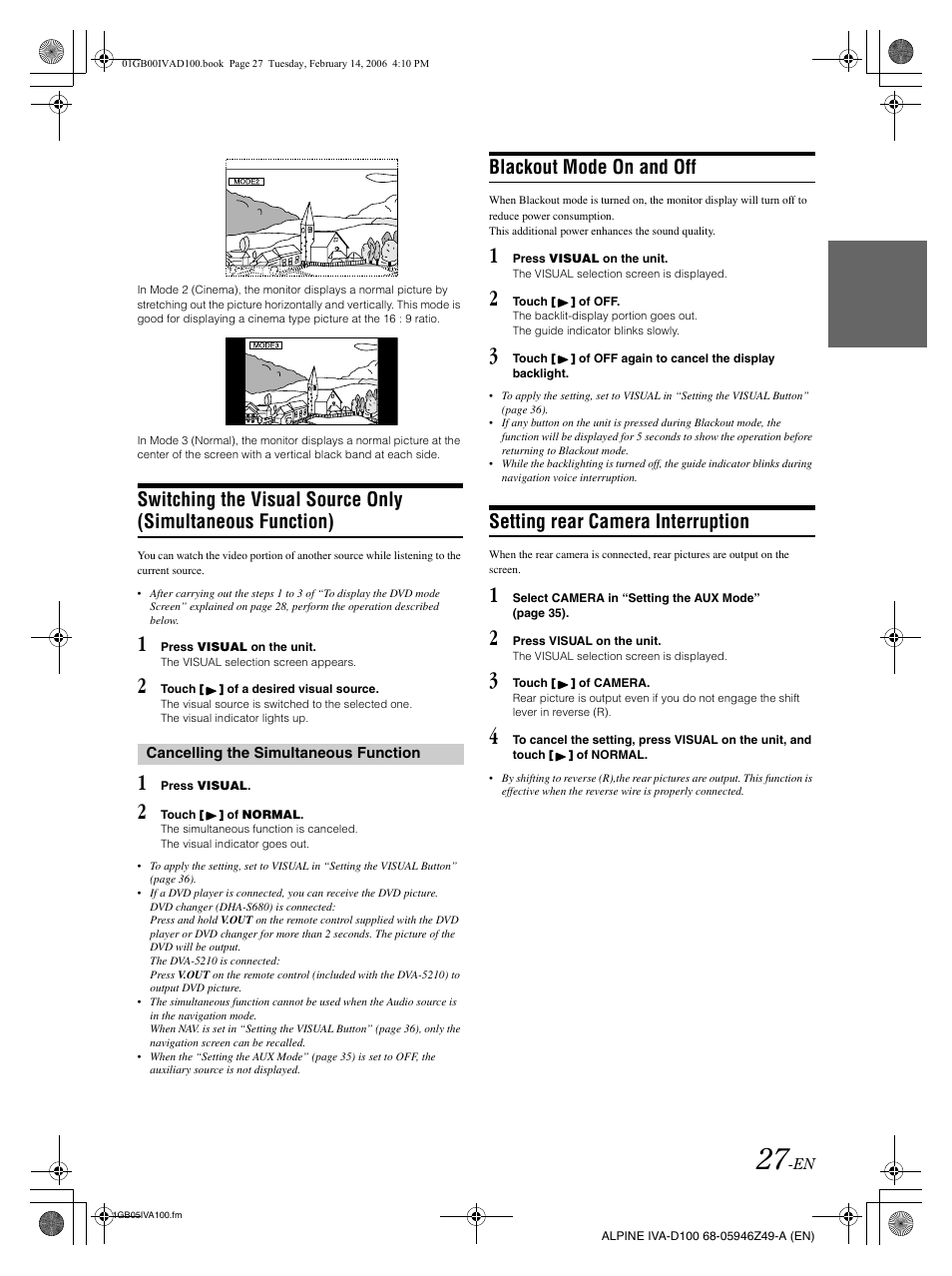 Blackout mode on and off, Setting rear camera interruption | Alpine IVA-D100 User Manual | Page 31 / 83