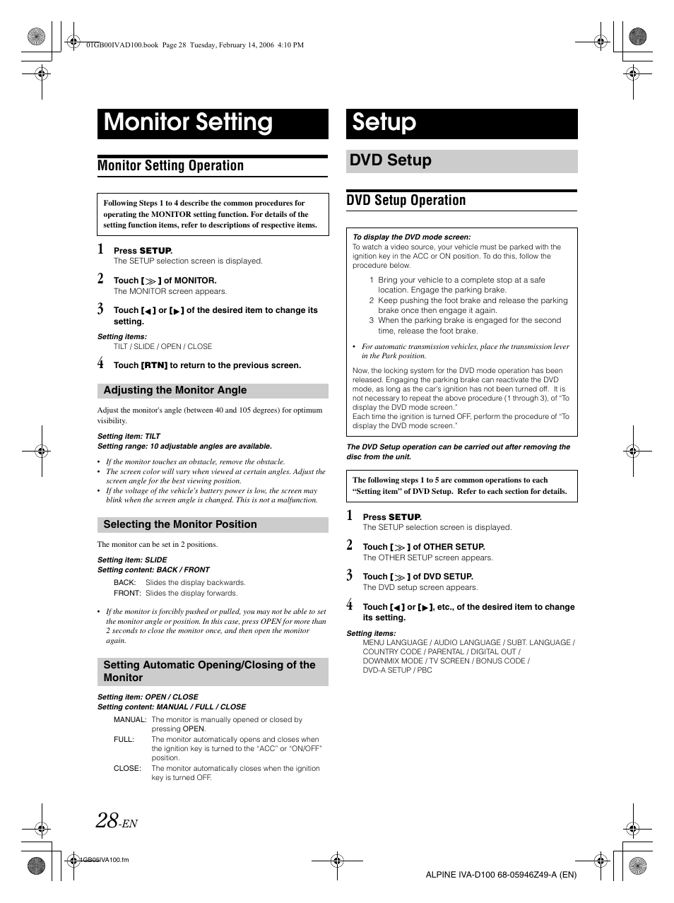 Monitor setting, Setup, Dvd setup | Monitor setting operation, Dvd setup operation | Alpine IVA-D100 User Manual | Page 32 / 83