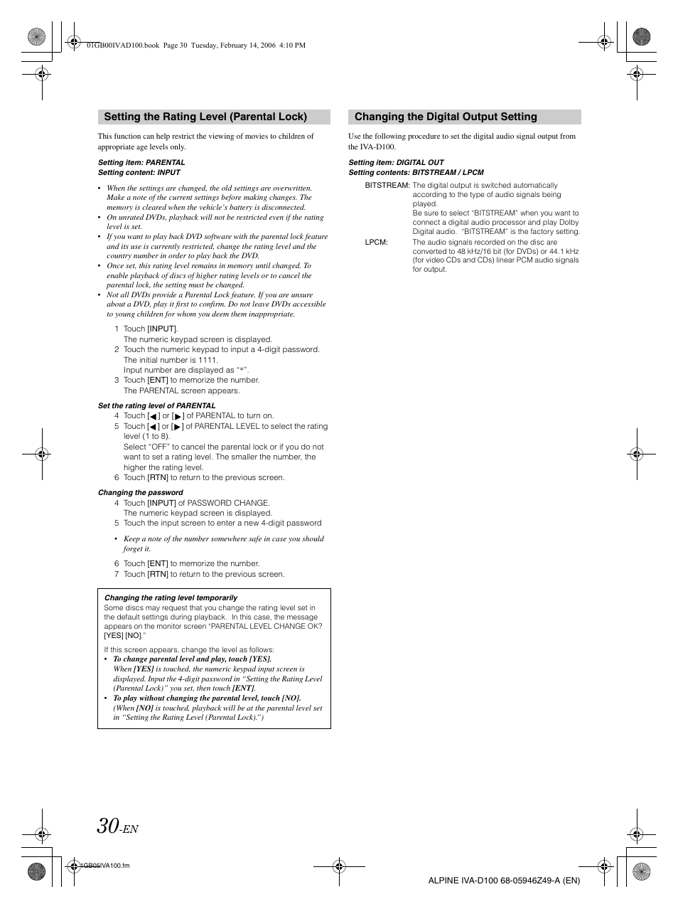 Setting the rating level (parental lock), Changing the digital output setting | Alpine IVA-D100 User Manual | Page 34 / 83