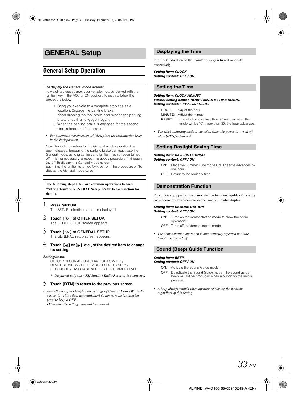 General setup, General setup operation | Alpine IVA-D100 User Manual | Page 37 / 83