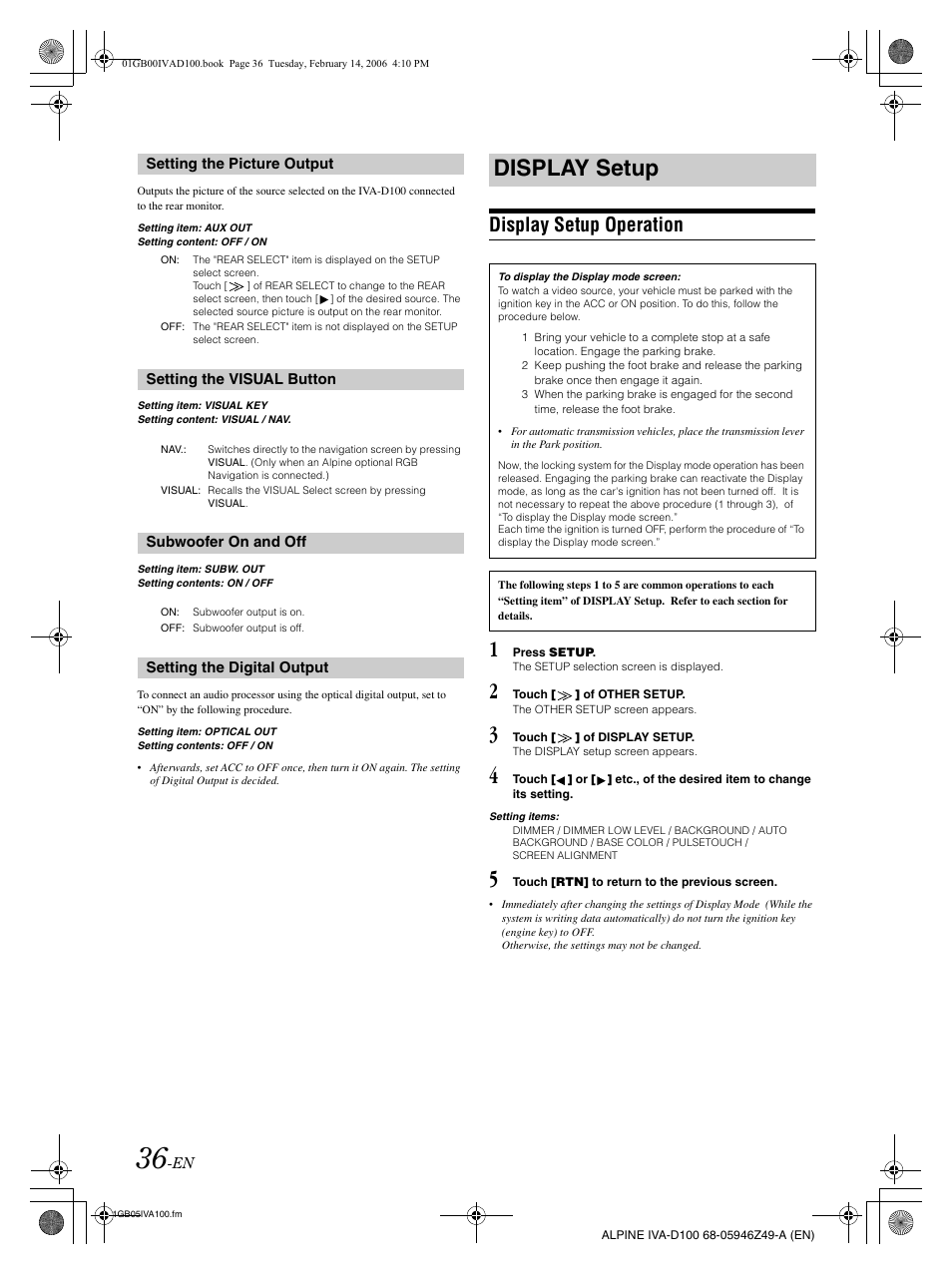 Display setup, Display setup operation | Alpine IVA-D100 User Manual | Page 40 / 83