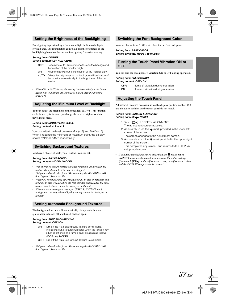 Setting the brightness of the backlighting, Adjusting the touch panel | Alpine IVA-D100 User Manual | Page 41 / 83