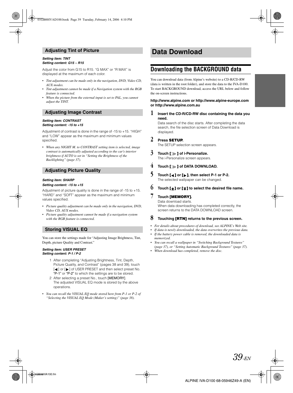 Data download, Downloading the background data | Alpine IVA-D100 User Manual | Page 43 / 83