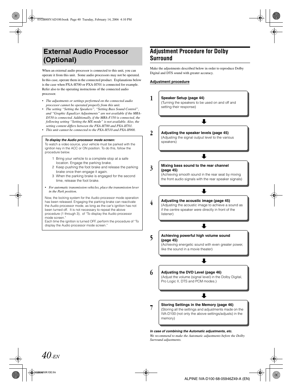 External audio processor (optional), Adjustment procedure for dolby surround | Alpine IVA-D100 User Manual | Page 44 / 83