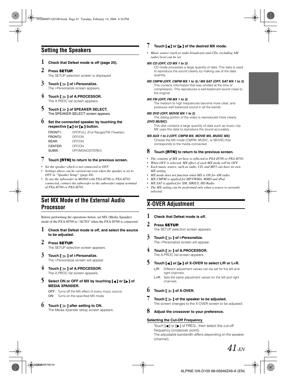 Setting the speakers, Set mx mode of the external audio processor, X-over adjustment | Alpine IVA-D100 User Manual | Page 45 / 83