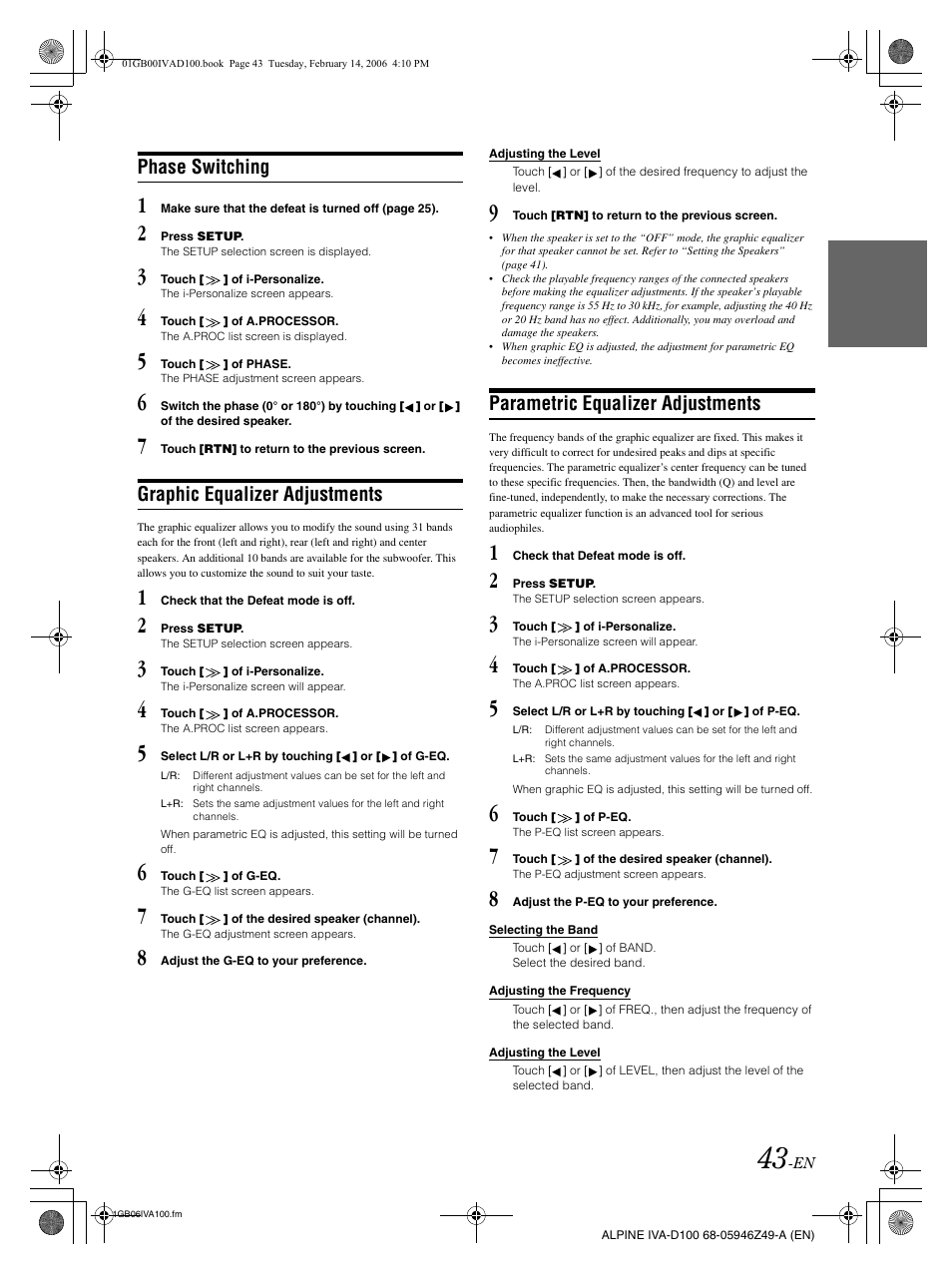 Phase switching, Graphic equalizer adjustments, Parametric equalizer adjustments | Alpine IVA-D100 User Manual | Page 47 / 83