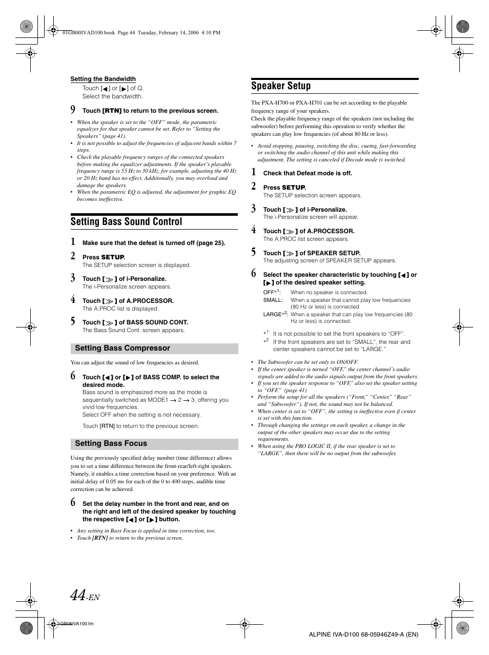 Setting bass sound control, Speaker setup | Alpine IVA-D100 User Manual | Page 48 / 83