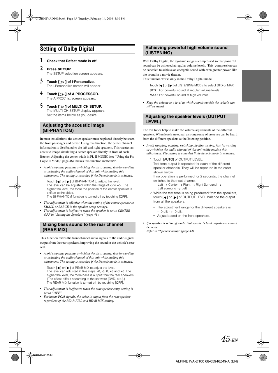Setting of dolby digital | Alpine IVA-D100 User Manual | Page 49 / 83