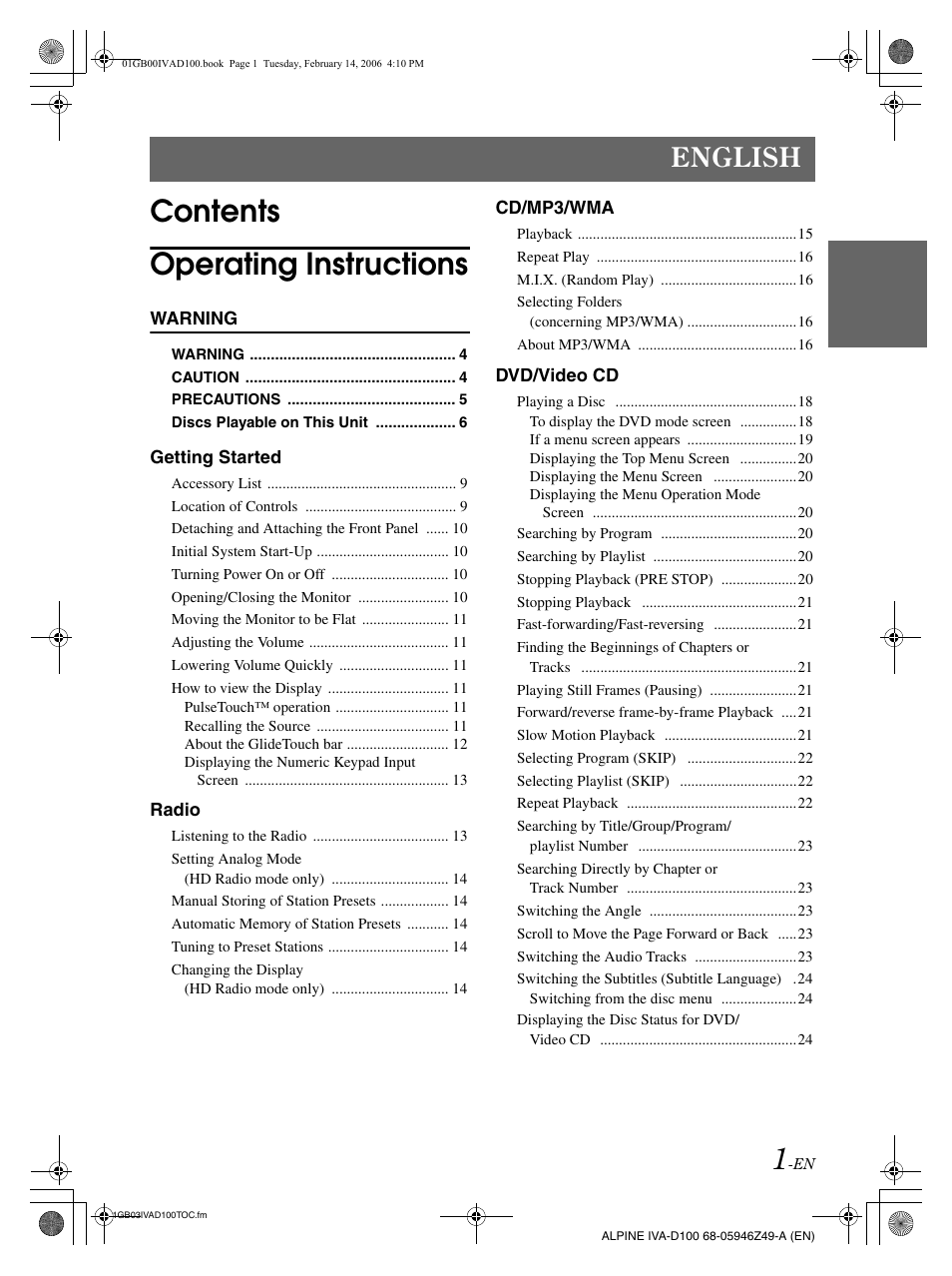 Contents operating instructions, English | Alpine IVA-D100 User Manual | Page 5 / 83