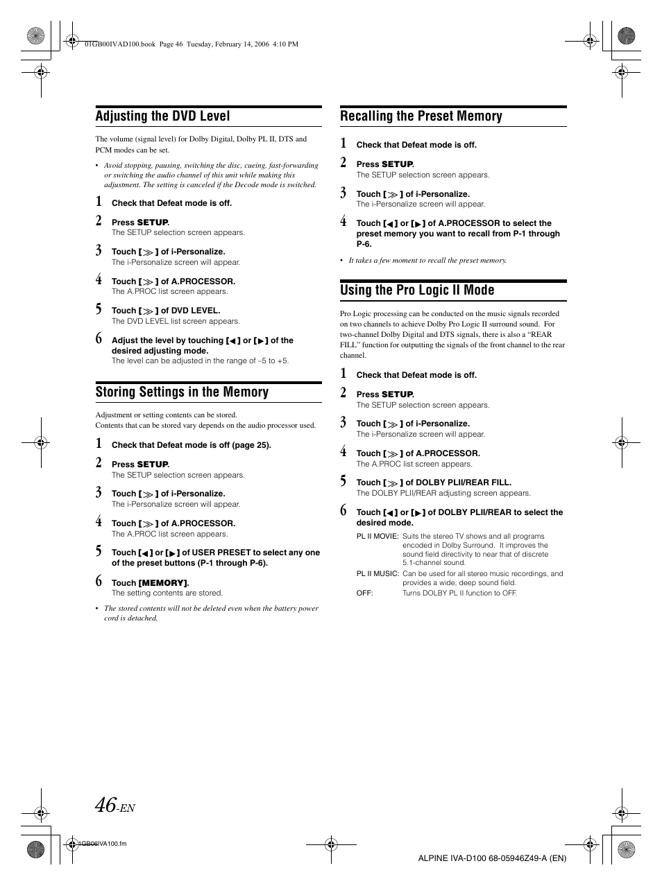 Adjusting the dvd level, Using the pro logic ii mode | Alpine IVA-D100 User Manual | Page 50 / 83