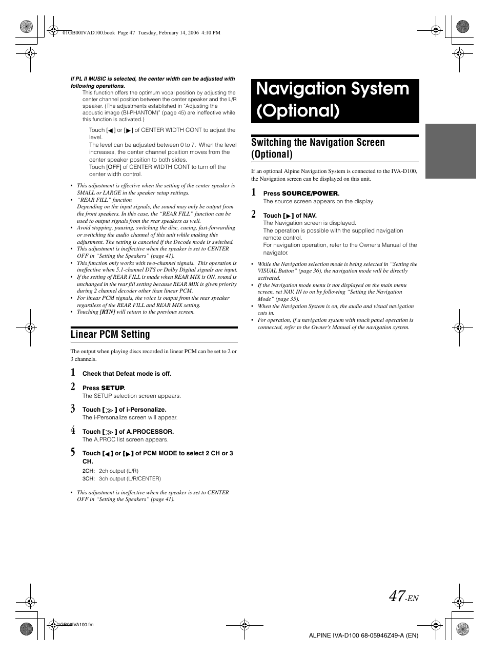 Navigation system (optional), Linear pcm setting, Switching the navigation screen (optional) | Alpine IVA-D100 User Manual | Page 51 / 83