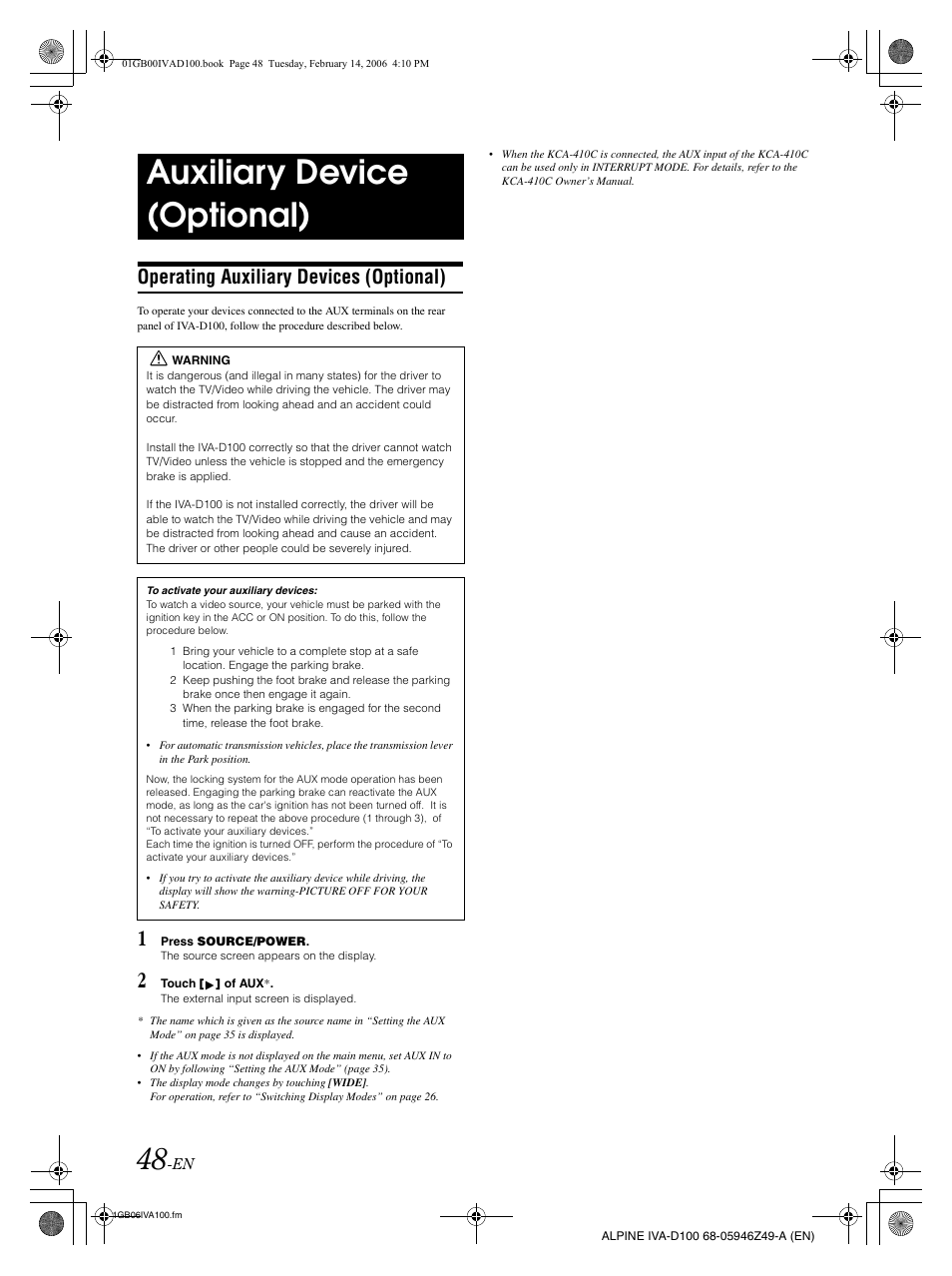 Auxiliary device (optional), Operating auxiliary devices (optional) | Alpine IVA-D100 User Manual | Page 52 / 83