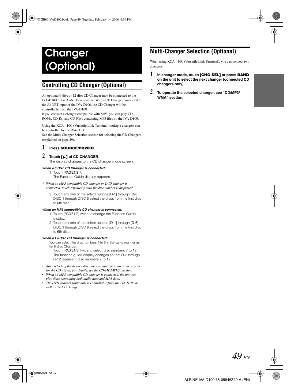 Changer (optional), Controlling cd changer (optional), Multi-changer selection (optional) | Alpine IVA-D100 User Manual | Page 53 / 83