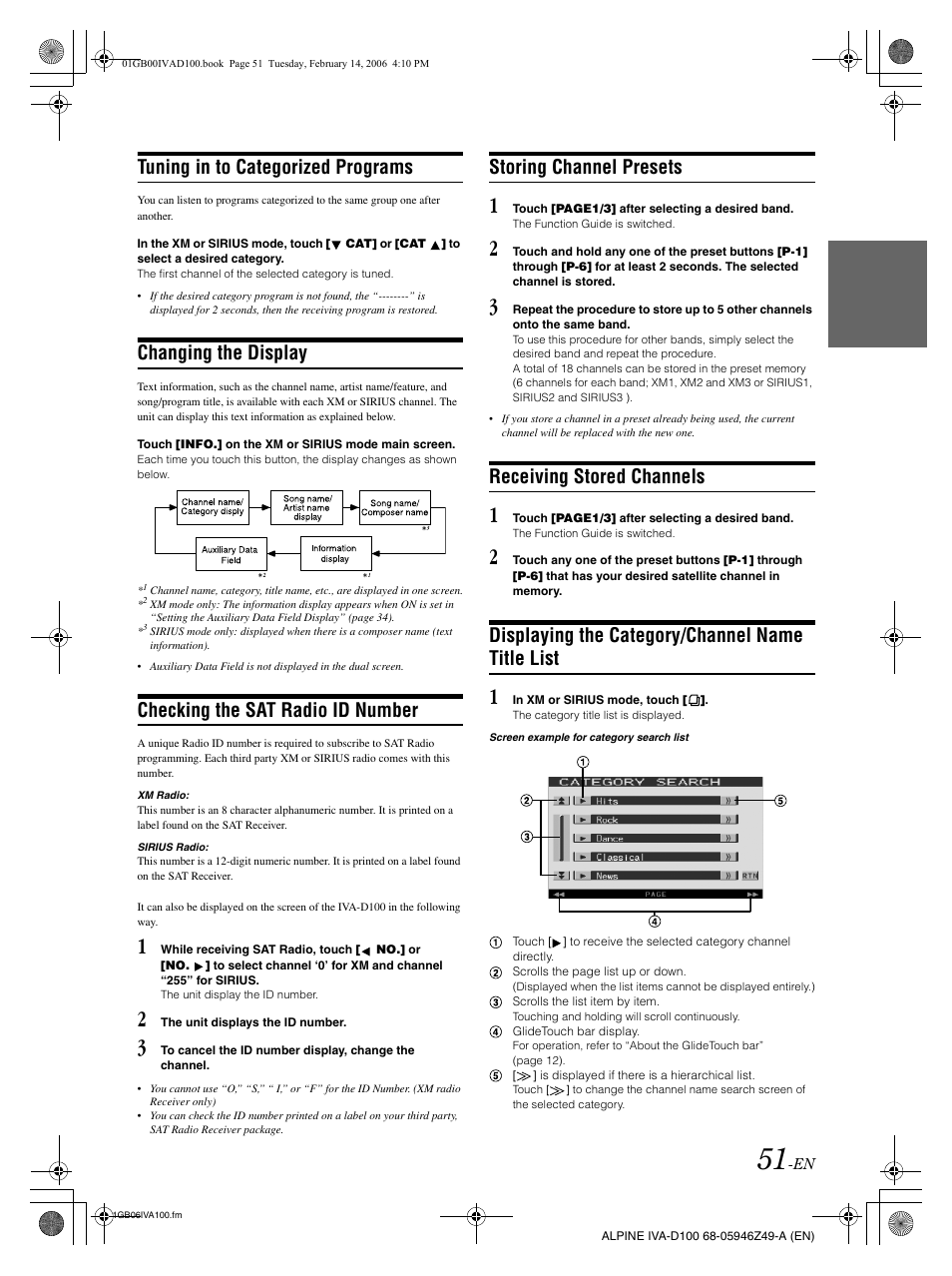 Tuning in to categorized programs, Changing the display, Checking the sat radio id number | Storing channel presets, Receiving stored channels, Displaying the category/channel name title list | Alpine IVA-D100 User Manual | Page 55 / 83