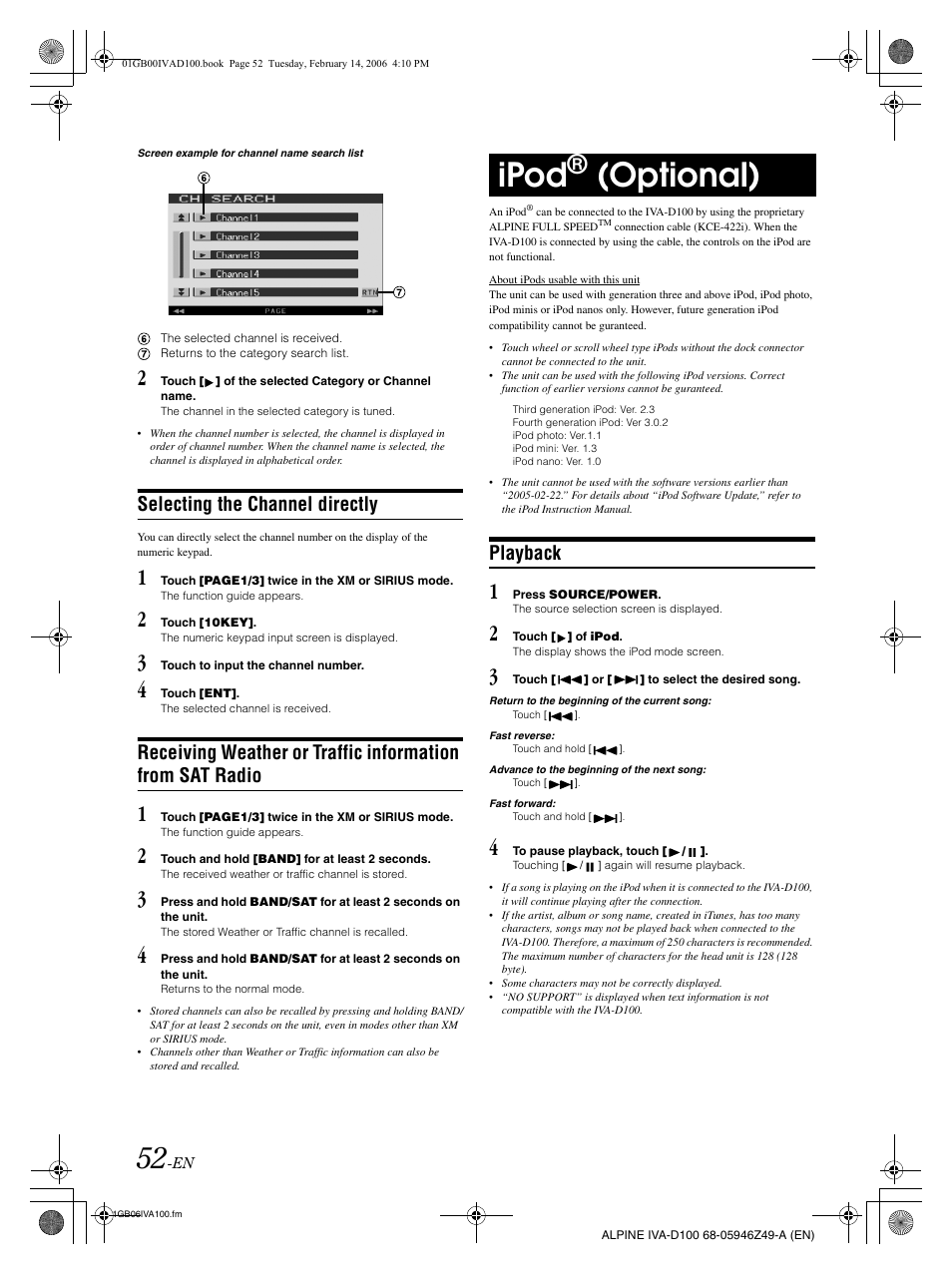 Ipod, Optional), Selecting the channel directly | Playback | Alpine IVA-D100 User Manual | Page 56 / 83