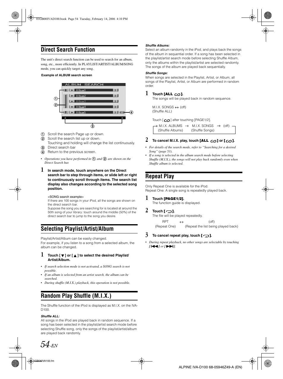 Direct search function, Selecting playlist/artist/album, Random play shuffle (m.i.x.) | Repeat play | Alpine IVA-D100 User Manual | Page 58 / 83