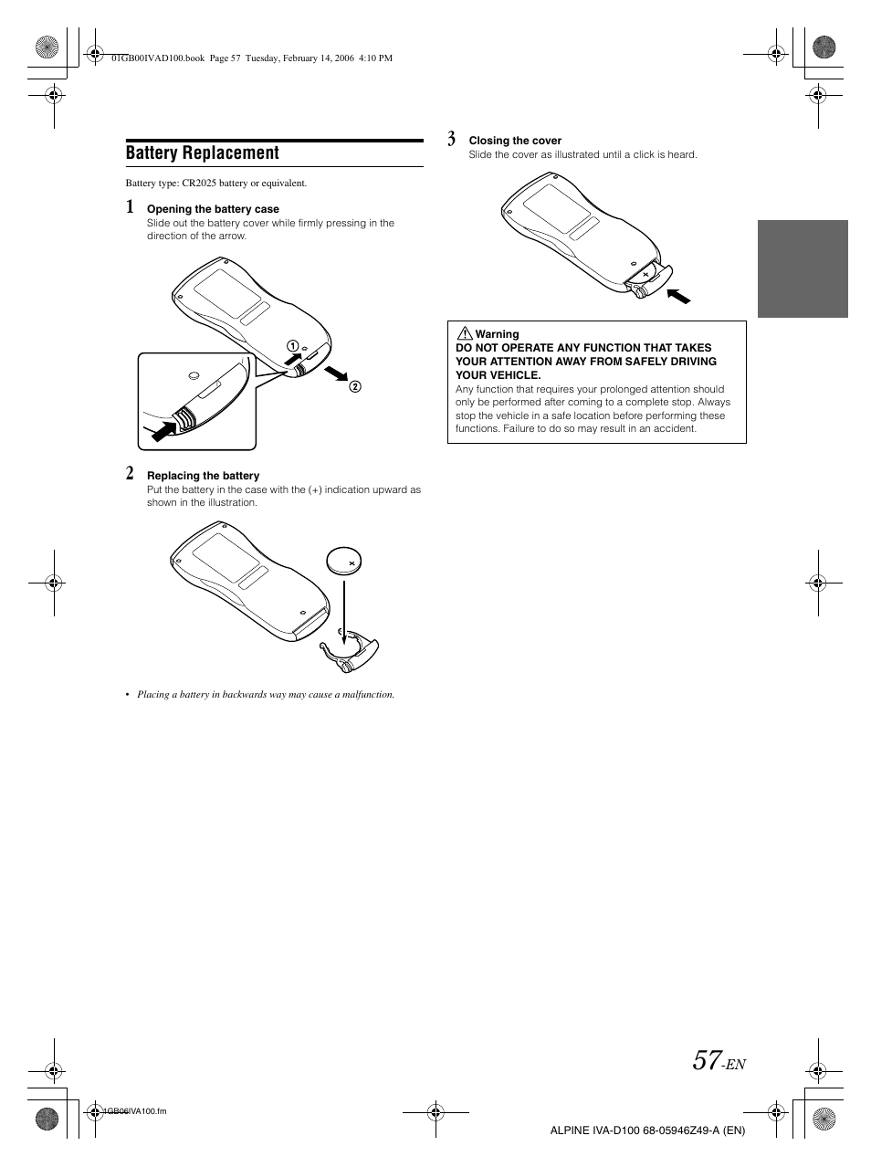 Battery replacement | Alpine IVA-D100 User Manual | Page 61 / 83