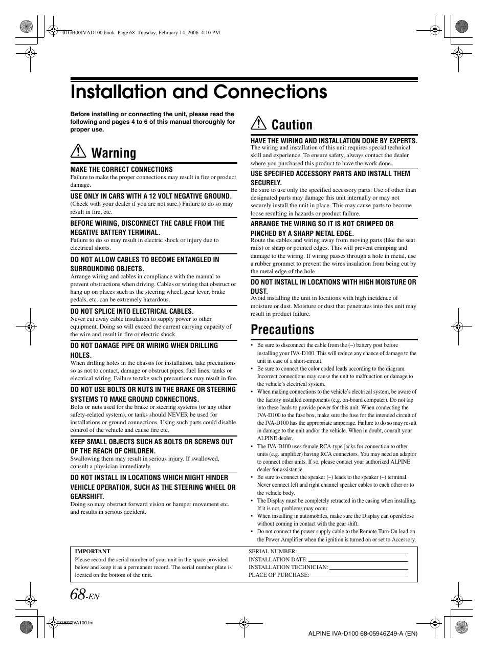 Installation and connections, Warning, Caution | Precautions | Alpine IVA-D100 User Manual | Page 72 / 83