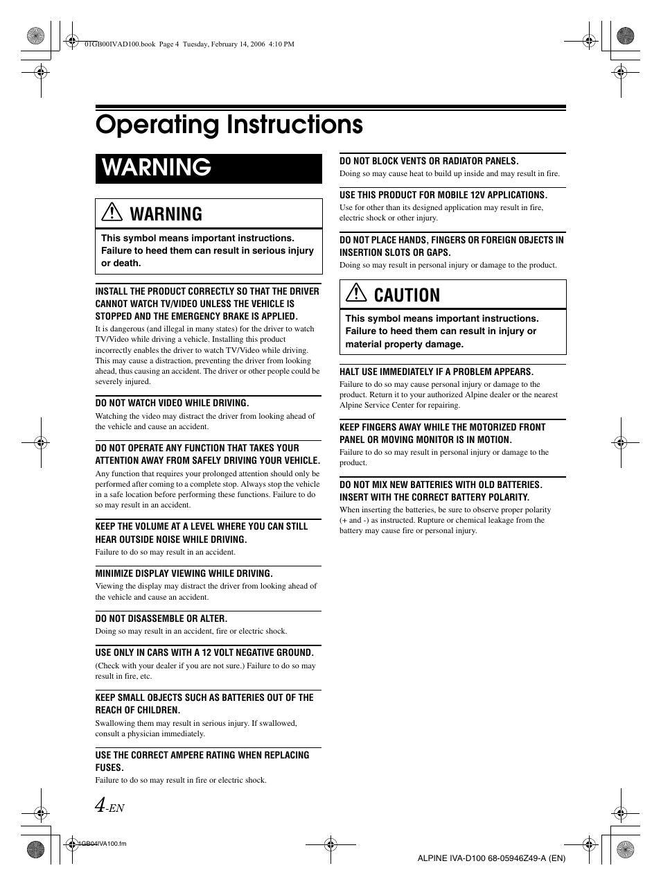 Operating instructions, Warning, Caution | Alpine IVA-D100 User Manual | Page 8 / 83