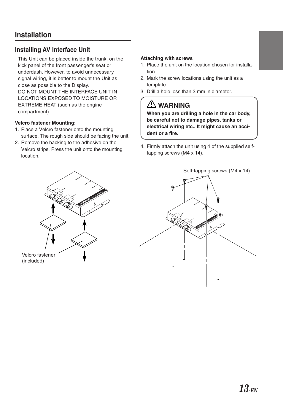 Installation, Installing av interface unit, Warning | Alpine TME-M710 User Manual | Page 14 / 24