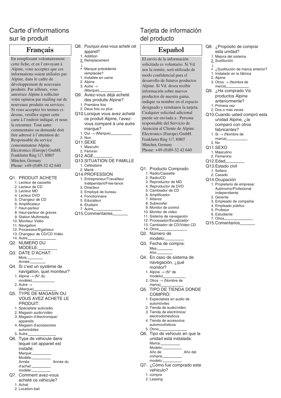 Tarjeta de información del producto español, Carte d’informations sur le produit français | Alpine TME-M710 User Manual | Page 21 / 24