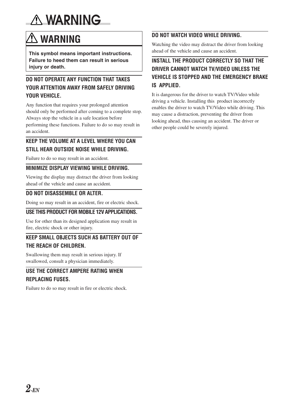 Warning | Alpine TME-M710 User Manual | Page 3 / 24