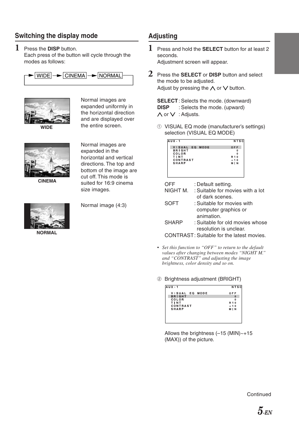 Switching the display mode, Adjusting | Alpine TME-M710 User Manual | Page 6 / 24