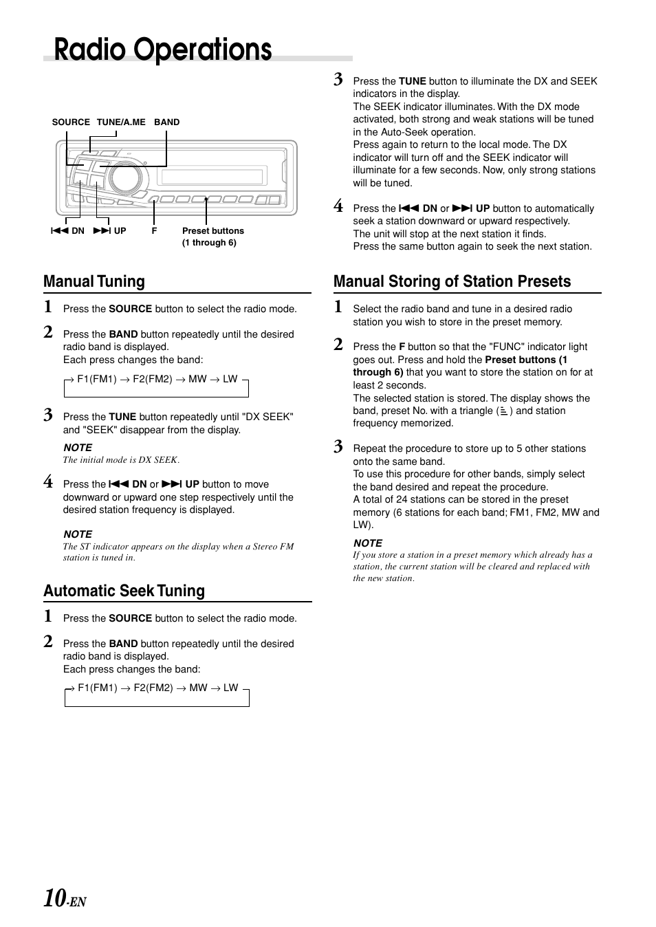 Radio operations, Manual storing of station presets, Manual tuning | Automatic seek tuning | Alpine CDM-7892R User Manual | Page 12 / 30