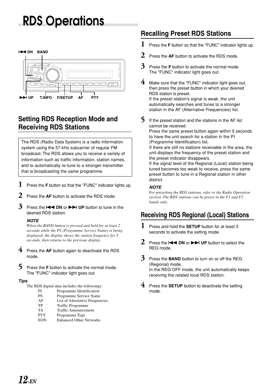 Rds operations, Recalling preset rds stations, Receiving rds regional (local) stations | Alpine CDM-7892R User Manual | Page 14 / 30