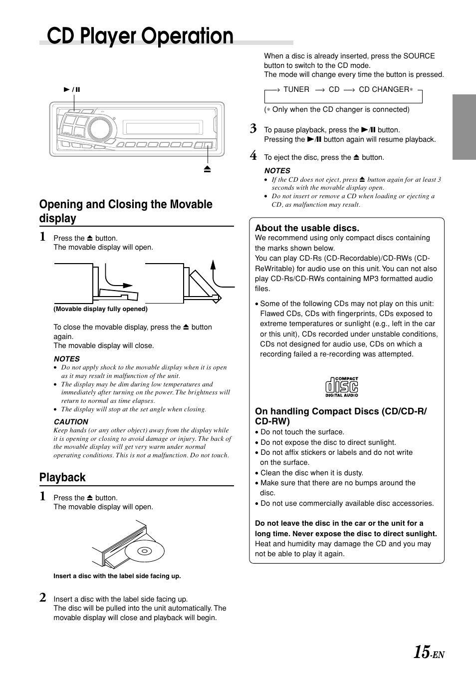 Cd player operation, Opening and closing the movable display, Playback | Alpine CDM-7892R User Manual | Page 17 / 30