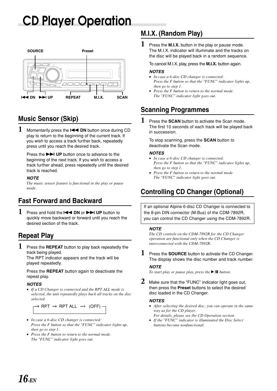 Cd player operation, Scanning programmes, Controlling cd changer (optional) | Music sensor (skip), Fast forward and backward, Repeat play, M.i.x. (random play) | Alpine CDM-7892R User Manual | Page 18 / 30